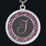 Colar Banhado A Prata Letra Rico de Impressão Zebra Rosa I<br><div class="desc">Letra de script I em cor-de-rosa em fundo de impressão zebra preto-e-rosa.</div>