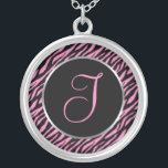 Colar Banhado A Prata Letra Rico de Impressão Zebra Rosa I<br><div class="desc">Letra de script I em cor-de-rosa em fundo de impressão zebra preto-e-rosa.</div>