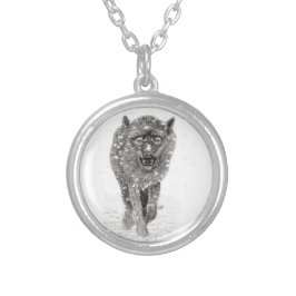 Colar Banhado A Prata Lobo Negro Zangado na Neve, inverno selvagem