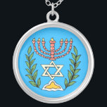 Colar Banhado A Prata Magen Persa David Menorah<br><div class="desc">Esta imagem foi adaptada de um antigo azulejo judeu persa e apresenta uma menorah com um Magen David (Estrela de David) enquadrado por ramos de oliveira. As imperfeições da imagem original pintada à mão foram preservadas.</div>