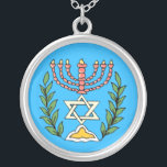 Colar Banhado A Prata Magen Persa David Menorah<br><div class="desc">Esta imagem foi adaptada de um antigo azulejo judeu persa e apresenta uma menorah com um Magen David (Estrela de David) enquadrado por ramos de oliveira. As imperfeições da imagem original pintada à mão foram preservadas.</div>