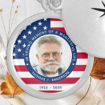 Colar Banhado A Prata Memorial Personalizado de Bandeira Americano Patri<br><div class="desc">Honre o seu amado com um colar personalizado patriótico do memorial fotográfico. Este colar único do memorial militar é o presente perfeito para si, para a família ou para os amigos, para prestar homenagem a um veterano militar, soldado militar, exército, fuzileiros navais ou soldado caído. Este colar patriótico memorial apresenta...</div>