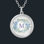 Colar Banhado A Prata Monograma Azul Verde Floral Cor Botânica<br><div class="desc">Um belo colar de cor botânica floral verde-azul para ela. Estes fazem presentes excelentes de damas de honra.</div>