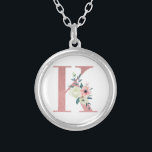 Colar Banhado A Prata Monograma cor-de-rosa - Letra floral K Buquê de aq<br><div class="desc">Colar monograma com sua inicial em flores bonito de brilho e aquarela. A letra floral K é desenhada em brilho rosado empoeirado, embelezado com um buquê de flores cor-de-rosa e marfim e verde. Um presente adorável para qualquer mulher e qualquer ocasião. Também uma ideia adorável como um favor de casamento,...</div>