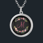 Colar Banhado A Prata Monograma - Cor Floral Cor Rosa, Amarela e Verde<br><div class="desc">Esta bela coroa floral com pinks,  amarelos e verdes sobre fundo preto vai fazer um presente excelente para aquele especial ou para si mesmo. Monograma com uma inicial e,  se você quiser alterar a cor do plano de fundo,  clique para personalizá-la ainda mais.</div>