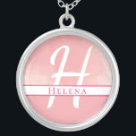 Colar Banhado A Prata Nome de Aquarela Rosa/Colar Monograma<br><div class="desc">Combinação nome/monograma num fundo de aquarela rosa.</div>