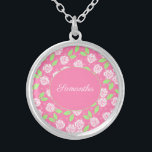 Colar Banhado A Prata Nome do Monograma Caligrafia Floral Verde Rosa<br><div class="desc">Monograma deste bonito colar floral floral cor-de-rosa e verde com seu nome ou iniciais. Estes colares fazem dons de damas de excelente,  presentes de Dia de as mães e presentes para qualquer mulher na sua vida.</div>