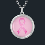 Colar Banhado A Prata Nome personalizado de reconhecimento do cancer de<br><div class="desc">Nome personalizado de reconhecimento do cancer de friso cor-de-rosa. Design de logotipo personalizado. Adicione seu próprio texto de suporte personalizado,  citação ou nome de sobrevivente.</div>