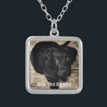 Colar Banhado A Prata Nome preto personalizado da foto do cão do<br><div class="desc">Personalize esta lembrança com sua foto do cão ou do filhote de cachorro e nome (ou a outra foto do animal de estimação ou da pessoa/nome). O texto lê o "melhor cão nunca" ou adiciona seu próprio texto - nós amamos Bella (o nome do cão), aniversário do cão ou dia...</div>