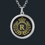 Colar Banhado A Prata Ouro real do preto da grinalda do louro da coroa<br><div class="desc">Projetado no preto e no ouro do falso,  isto design direito-inspirado inclui um motivo elegante da grinalda e da coroa do louro no estilo do art deco. Sua letra personalizada do monograma enche o centro. Use o modelo fácil para adicionar seu texto.</div>