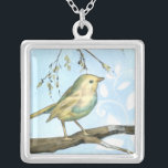 Colar Banhado A Prata Pássaro Amarelo Pequeno Empoleirado em uma ramific<br><div class="desc">Esta pintura é perfeita para a sua coleção de pássaros. O pequeno fundo amarelo e azul pastel desta imagem é simples,  mas calmante,  e poderia ser facilmente adicionado a qualquer produto Zazzle oferecido. Escolha esta impressão artística hoje mesmo.</div>