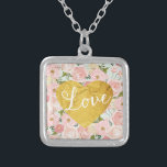 Colar Banhado A Prata Peach Vintage Floral Fake Dourado Love Heart Girly<br><div class="desc">Pêssego bonito e padrão de flores cor-de-rosa em um fundo verde-menta. Coração de ouro falso. Ele lê "Amor" na tipografia da escrita do rico. Garota!</div>
