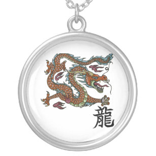 Colar Banhado A Prata Pendente chinês do dragão