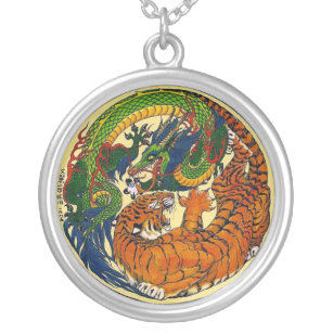 Colar Banhado A Prata Pendente do símbolo de Yin Yang do dragão/tigre