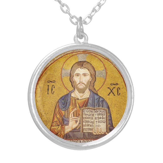 Colar Banhado A Prata Pintura bizantina do Jesus Cristo (Frente)