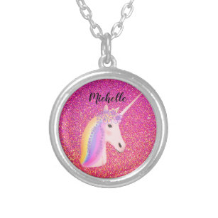 Colar Banhado A Prata Rainbow Unicorn Pink Glitter Magical Fantasy Girls