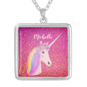 Colar Banhado A Prata Rainbow Unicorn Pink Glitter Sparkles Personalizad