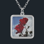Colar Banhado A Prata Rosas vermelhas contra o céu azul brilhante<br><div class="desc">Rosas vermelhas Contra uma Foto Brilhante do Céu Azul por Sandy Closs,  tirada no lago Arrohead. "rosa vermelha""rosas vermelhas""rosa rosa rosa""rosas cor-de-rosa""casamentos""presente de amor""flor vermelha""flores vermelhas" rosa vermelho azul vermelho rosa "presentes com rosas"</div>