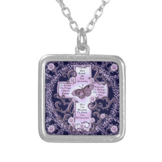 Colar Banhado A Prata Roxo Serenity Prayer Cross Square