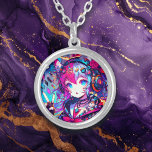 Colar Banhado A Prata Trabalho de arte de Garota Colorida de Animação Co<br><div class="desc">Anime glitchcore girl dando um sinal de paz com fones de ouvido,  notas musicais e orelhas de raposa coloridas,  roxa,  azul e negra,  arte ai.</div>