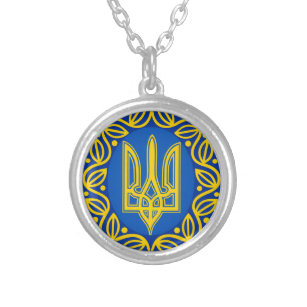 Colar Banhado A Prata Ucrânia, Bandeira, Casaco de Armas, Ucrânia Tryzub