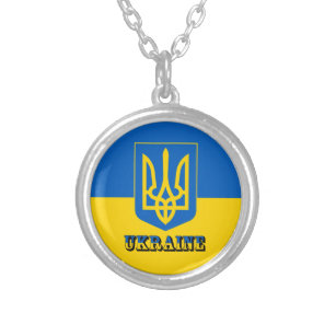 Colar Banhado A Prata Ucrânia, Tryzub, Bandeira Ucraniana/Casaco de Arma