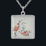 Colar De Prata Esterlina Arranha Elegante Asiática e Blossom<br><div class="desc">Bonito grua intrincada e flores pintadas asiáticas.</div>