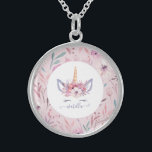 Colar De Prata Esterlina Belo monocórnio face design floral de aquarela<br><div class="desc">Belo e divertido design floral de cor-de-água do Unicórnio. O presente perfeito para a garotinha em sua vida com esta bela ilustração de unicórnio de aquarela e espaço para personalizar. Parte de uma coleção.</div>
