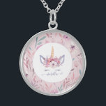 Colar De Prata Esterlina Belo monocórnio face design floral de aquarela<br><div class="desc">Belo e divertido design floral de cor-de-água do Unicórnio. O presente perfeito para a garotinha em sua vida com esta bela ilustração de unicórnio de aquarela e espaço para personalizar. Parte de uma coleção.</div>