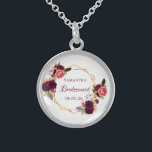 Colar De Prata Esterlina Borboleta de flores de cor d'água de Bridesmaid<br><div class="desc">Um presente do estilo "boêmia" da moda para a Bridesmaid. Decorado com rosas de cor aquosa,  em burgundy e rosa. Fundo branco elegante. Um quadro geométrico dourado. Com o texto: Bridesmaid escrita com um script de estilo manuscrito. Modelo para o nome da Bridesmaid e uma data. Letras coloridas brilhantes.</div>