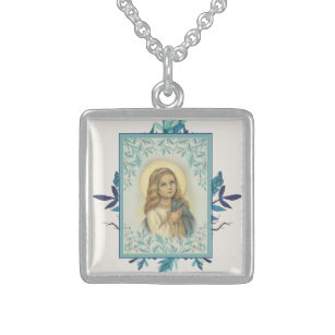 Colar De Prata Esterlina Floral Azul  Filho   Virgem Maria   Religioso