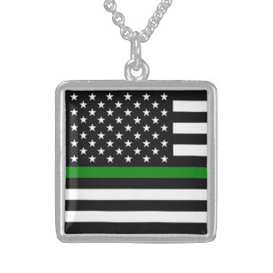 Colar De Prata Esterlina Linha Verde fina - Bandeira Militar e Veteranos Am