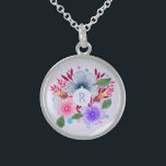 Colar De Prata Esterlina Monograma bonito do buquê floral da aguarela<br><div class="desc">Colar personalizada bonito com aguarela art. floral.</div>