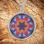 Colar De Prata Esterlina Mosaico Caleidoscópio Flor Laranja Vermelho e Roxo<br><div class="desc">Este design de caleidoscópio mosaico apresenta azulejos laranja,  vermelho e roxo brilhantes. Um design geométrico vívido inspirado por fractais,  mandalas e mosaicos de vidro manchados. Pegue esta design de triquete bonita agora e adicione algumas cores brilhantes à sua vida!</div>