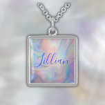 Colar De Prata Esterlina Nome do Monograma em Azul na Mãe da Pérola |<br><div class="desc">Um belo colar prateado de libra esterlina quadrado com um nome monograma em azul sobre fundo mãe de pérola.</div>