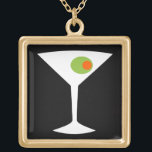 Colar Martini Clássico (preto)<br><div class="desc">Este Colar Martini clássico apresenta um fundo preto e a imagem de uma silhueta branca de um vidro martini. Dentro o copo é uma azeitona verde gloriosa com um colorau laranja. Este é um colar divertido para todos que desejavam ser personagem de um filme clássico. Shaken não mexido, por favor!...</div>
