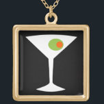 Colar Martini Clássico (preto)<br><div class="desc">Este Colar Martini clássico apresenta um fundo preto e a imagem de uma silhueta branca de um vidro martini. Dentro o copo é uma azeitona verde gloriosa com um colorau laranja. Este é um colar divertido para todos que desejavam ser personagem de um filme clássico. Shaken não mexido, por favor!...</div>