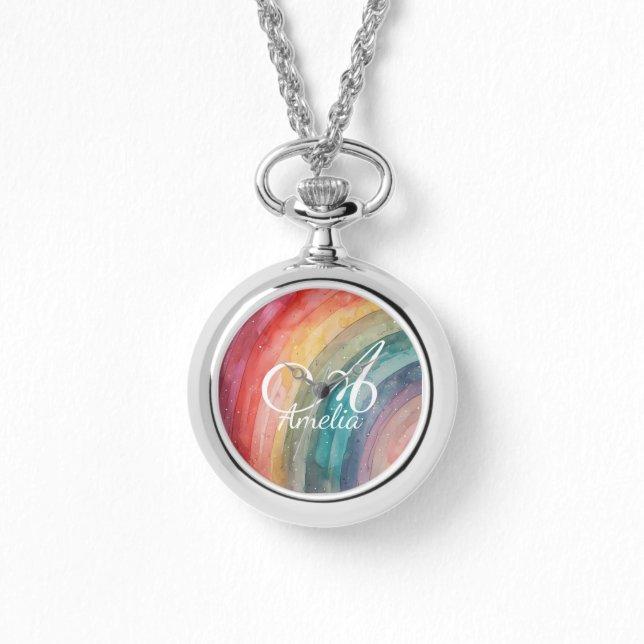 Colar Personalizado de Arco-íris em Aquarela Fofa  (Frente)