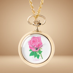 Colar Relógio Flor Rosa Pink Ouro