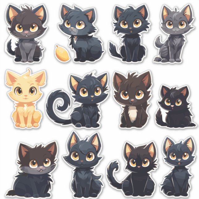 Coleção De Adesivos Cute Cats (12 Gatos) (Frente)