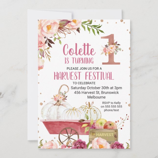 Colheita de Abóbora Primeiro Convite de Aniversári (Frente)