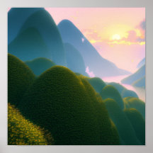 Colinas verdes pelo rio Poster