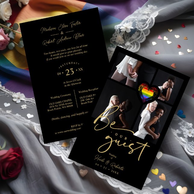 Collage de del Rainbow Heart del orgulho (Inexpensive Cheap Pride Rainbow Heart 4 Photos Collage Be our Guest Quote Black Fancy LGBTQ+ Card.)