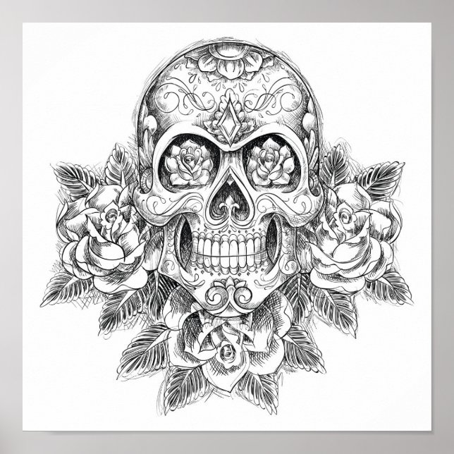 Coloração do Poster de Caveira e Rosas (Frente)