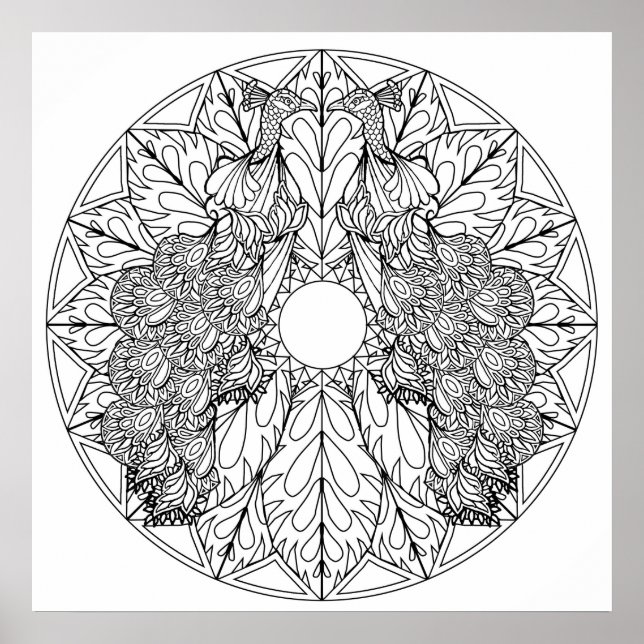 Colore-se Mandala Poster Art Pássaros de Peacocks (Frente)