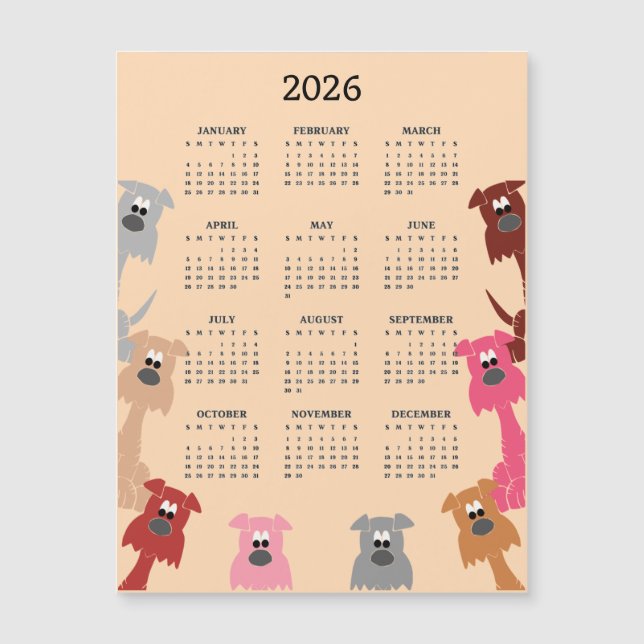 Colorful Dogs 2026 Calendar Magnetic Card (Frente)