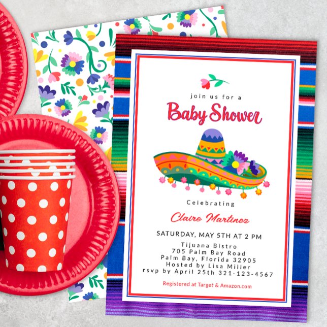 Colorful Sombrero Fiesta Chá de fraldas Convite (Mexican Floral Fiesta Baby Shower Invite)