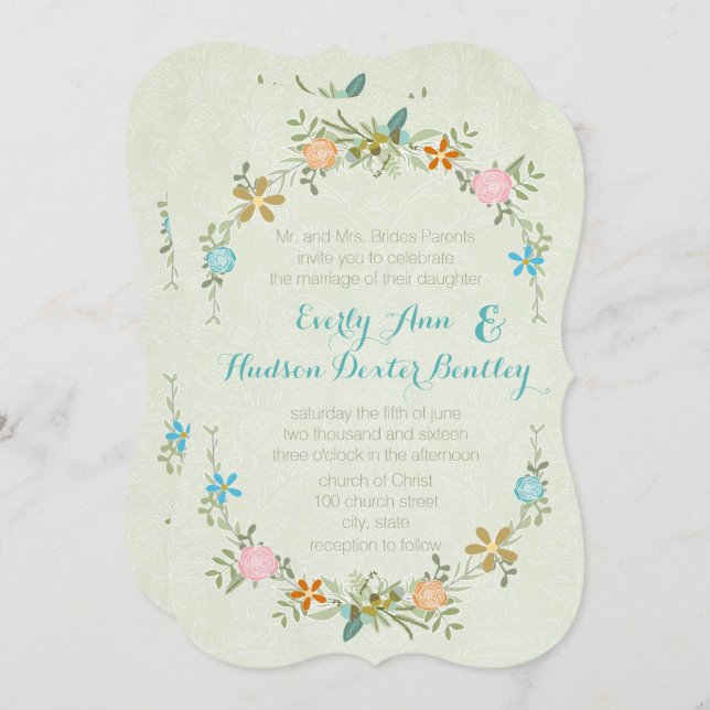 Colorida Convite de casamento de Mint Garland Wrea (Frente/Verso)