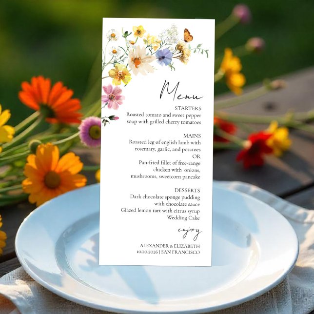 Colorida Wildflower | Cartão de Menu Boho Wedding (Criador carregado)