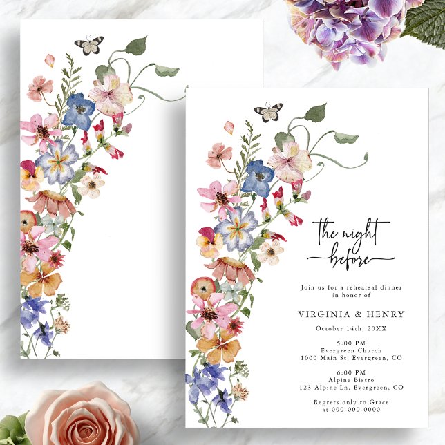 Colorido Convite para a Noite Anterior (Colorful Wildflower The Night Before Invitation with Butterfly by Painted Paperie
)